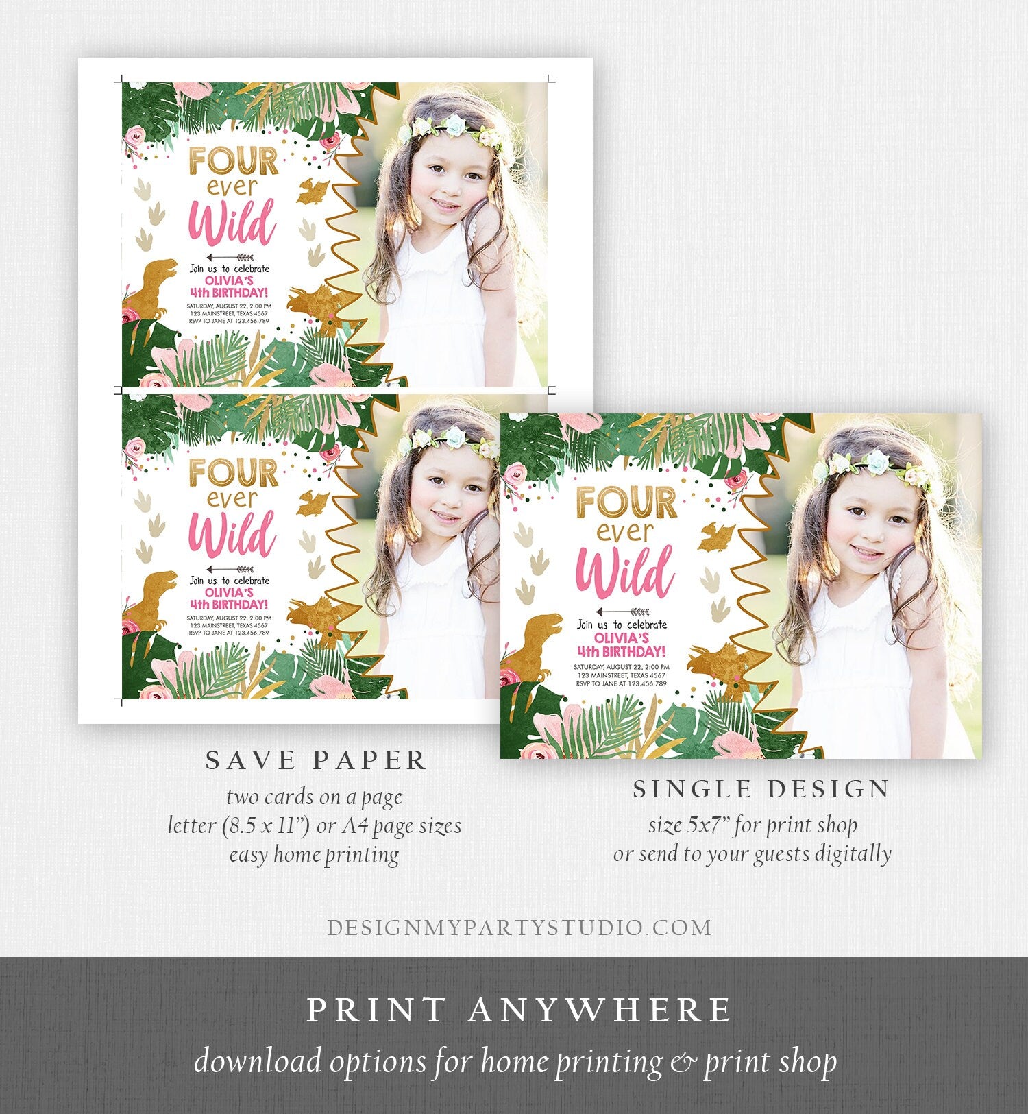 Editable Four Ever Wild Dinosaur Birthday Invitation Dino Party Girl 4th Fourth Birthday Pink Gold Fourever Corjl Template Printable 0146