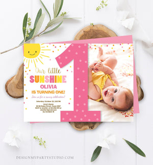 Editable Our Little Sunshine Birthday Invitation Summer Sunshine Party First Birthday 1st Party Pink Girl Bow Download Corjl Template 0070