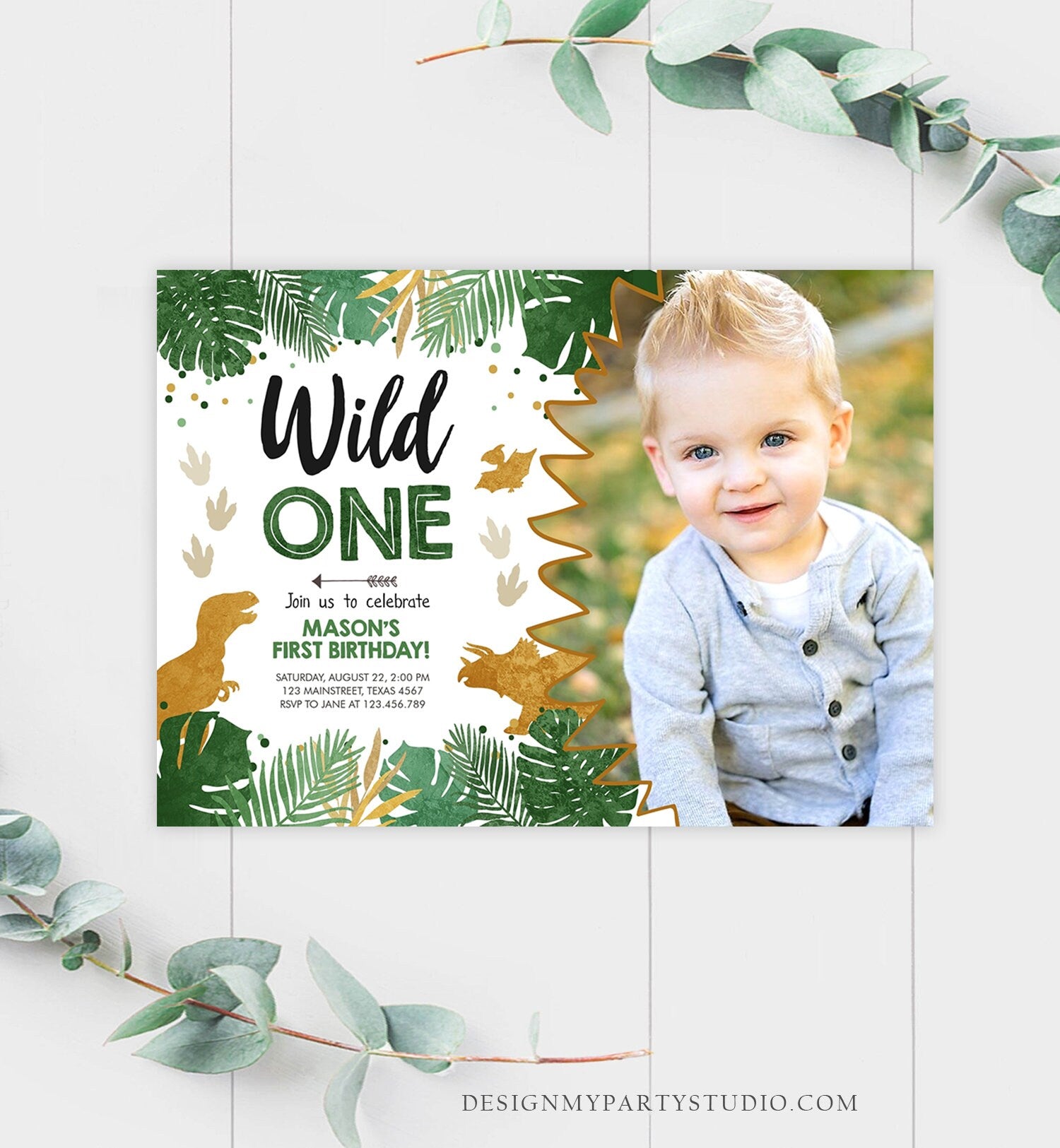 Editable Wild One Dinosaur Birthday Invitation Dino Party Boy 1st First Birthday Green Gold Born to be Wild Corjl Template Printable 0146