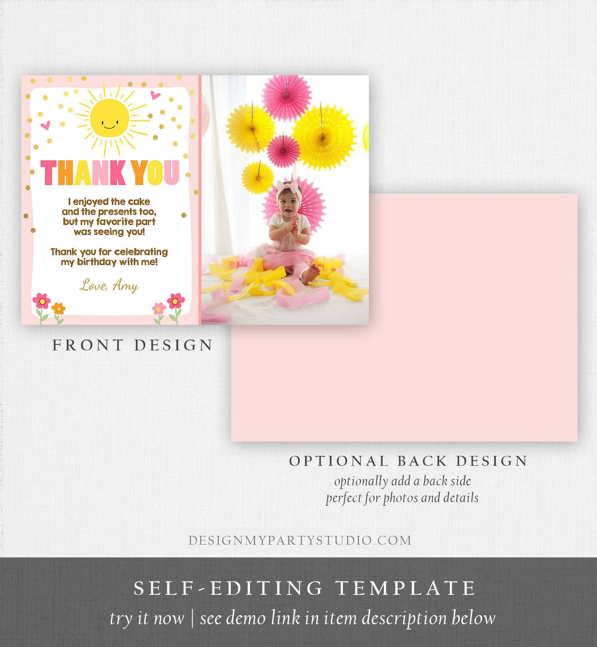 Editable Sunshine Thank you Card Sunshine Lemonade Birthday Summer Sun Pink Thank You Card Birthday Template Instant Download Corjl 0070