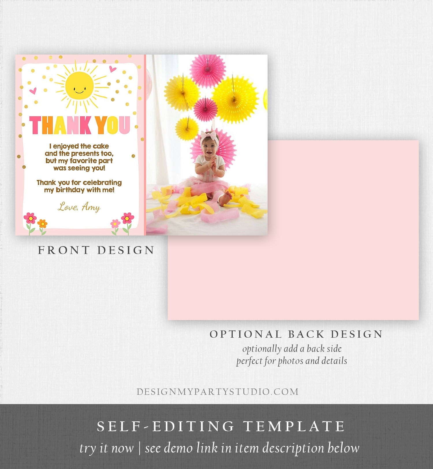 Editable Sunshine Thank you Card Sunshine Lemonade Birthday Summer Sun Pink Thank You Card Birthday Template Instant Download Corjl 0070