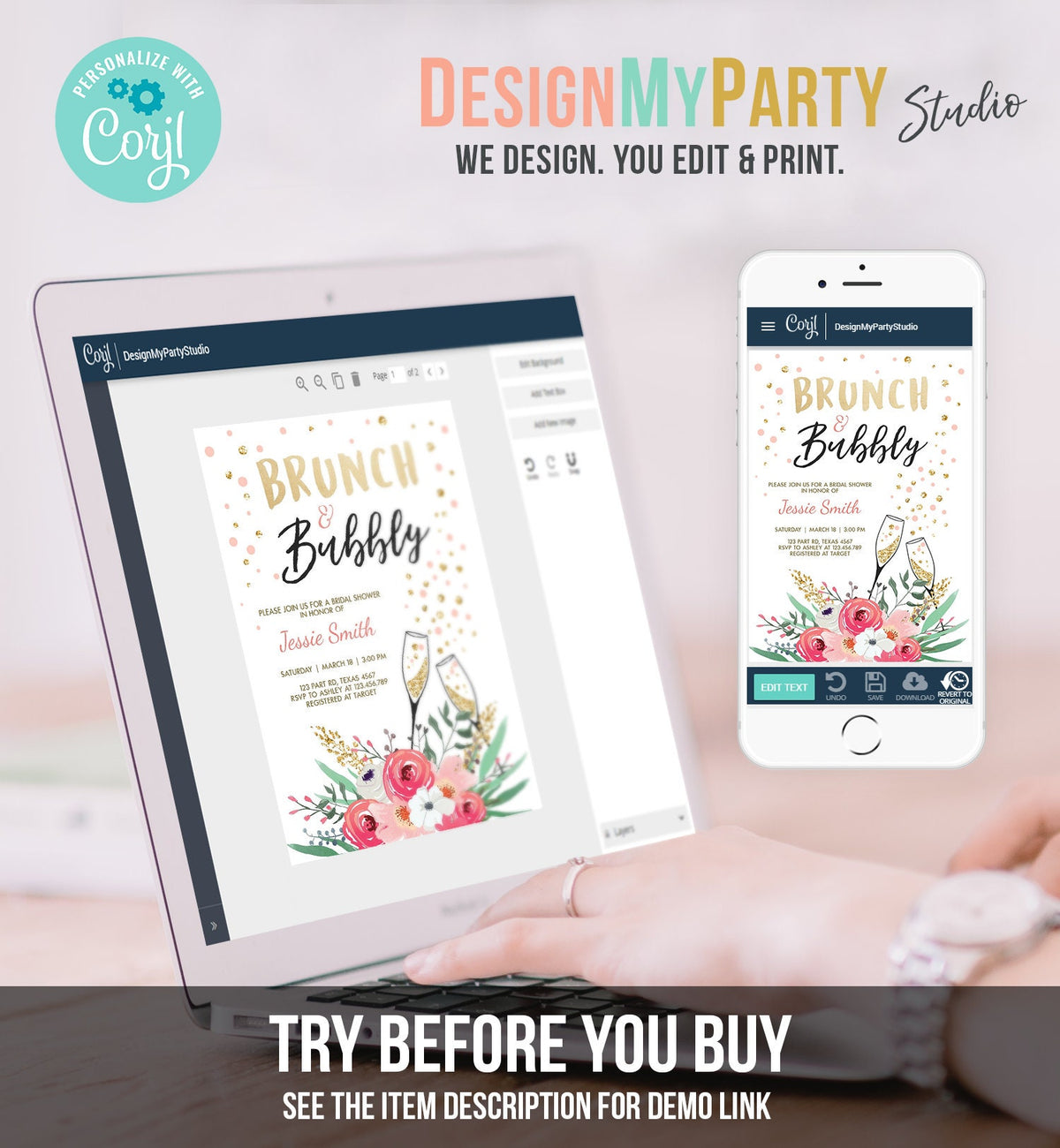 Editable Brunch and Bubbly Bridal Shower Invitation Floral Champagne Tea Party Gold Pink Wedding Digital Download Template Printable 0318