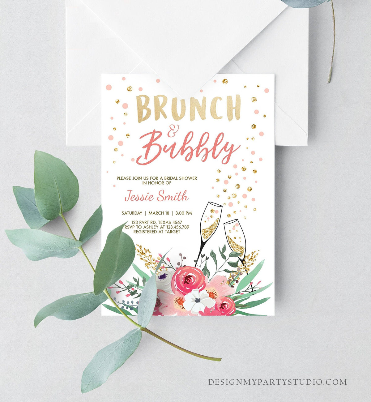 Editable Brunch and Bubbly Bridal Shower Invitation Floral Champagne Gold Pink Wedding Download Printable Template Digital Corjl 0318