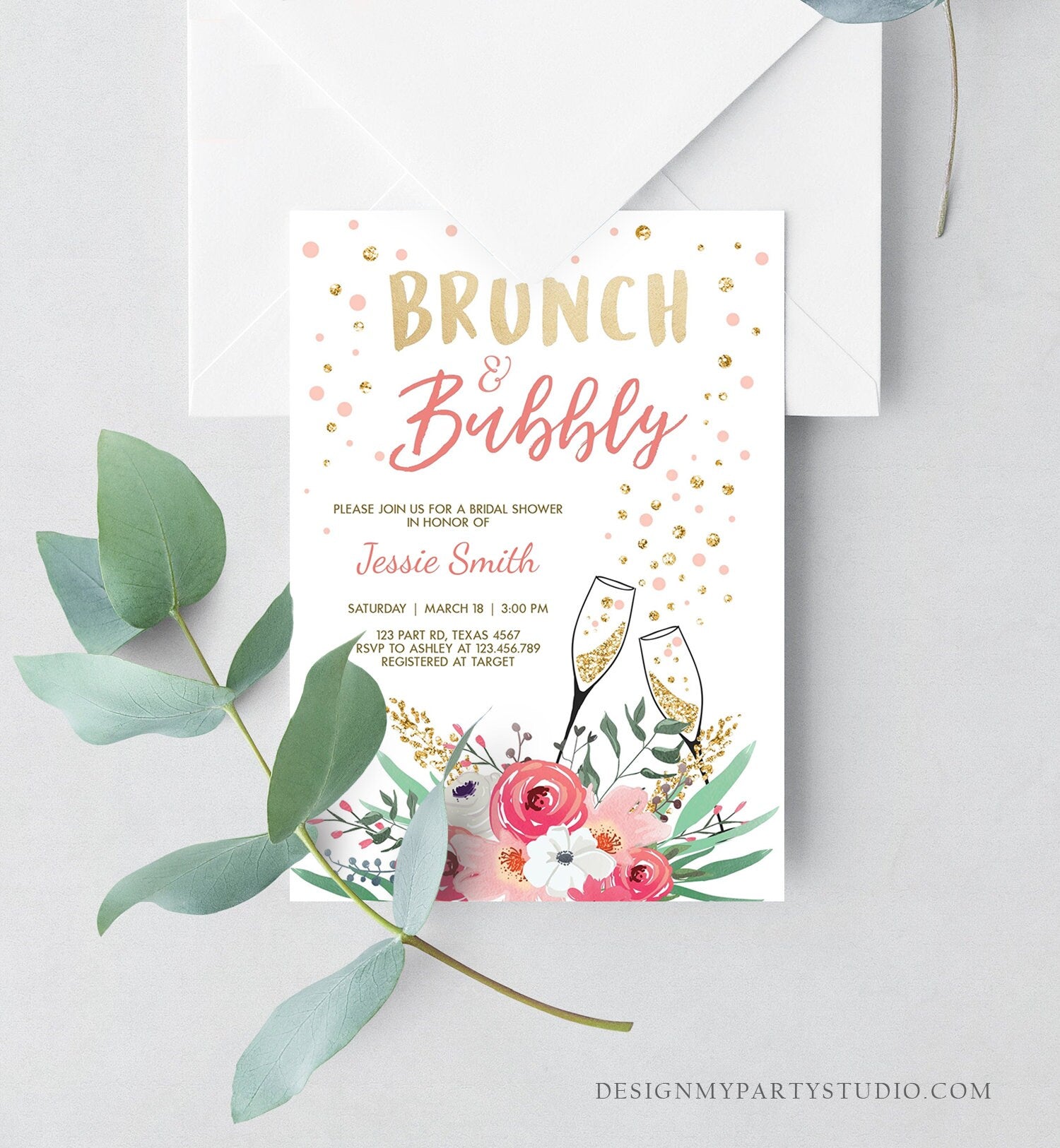 Editable Brunch and Bubbly Bridal Shower Invitation Floral Champagne Gold Pink Wedding Download Printable Template Digital Corjl 0318