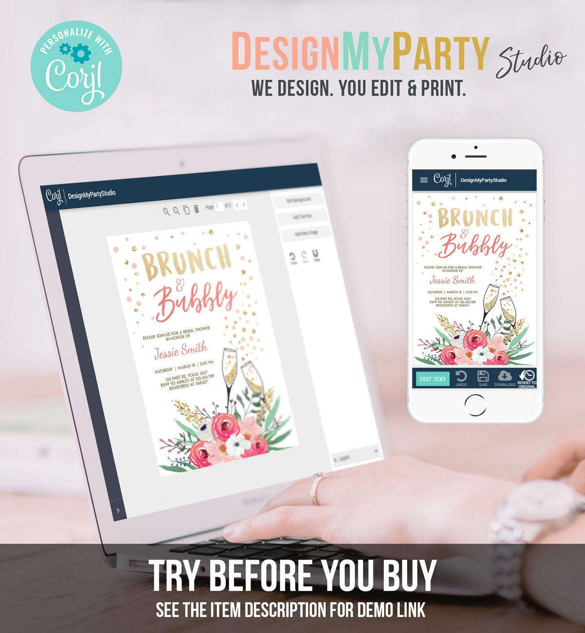 Editable Brunch and Bubbly Bridal Shower Invitation Floral Champagne Gold Pink Wedding Download Printable Template Digital Corjl 0318