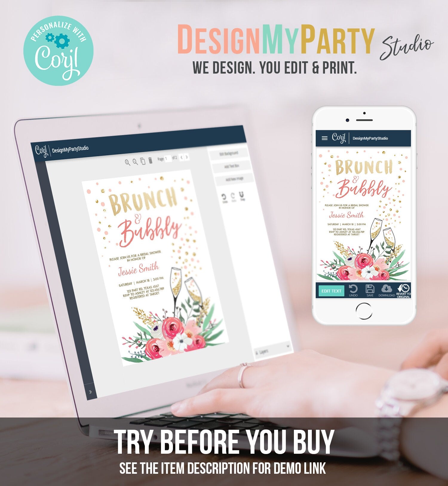 Editable Brunch and Bubbly Bridal Shower Invitation Floral Champagne Gold Pink Wedding Download Printable Template Digital Corjl 0318