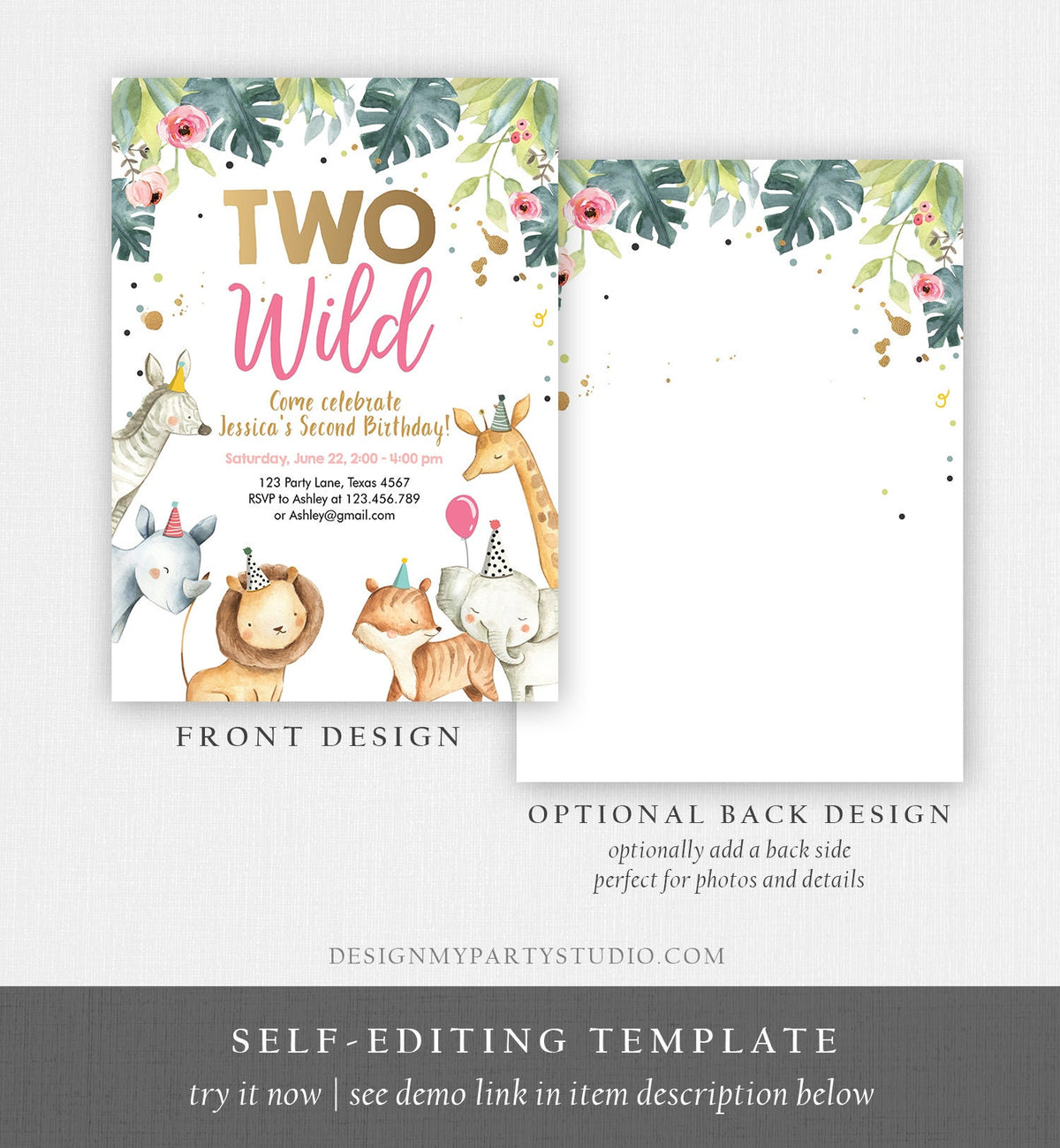 Editable Two Wild Birthday Invitation Safari Animals Girl Second 2nd Birthday Party Animals Digital Download Template Evite Printable 0163