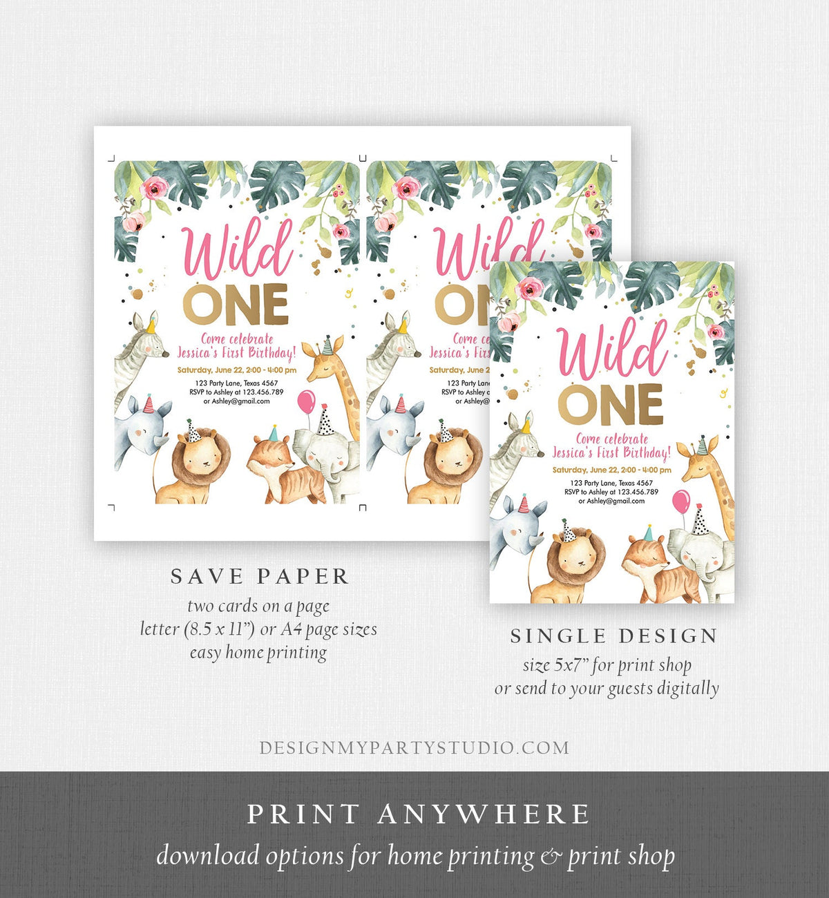 Editable Wild One Birthday Invitation Girl Safari Animals Invite Pink and Gold Party Animals Digital Download Evite Template Printable 0163