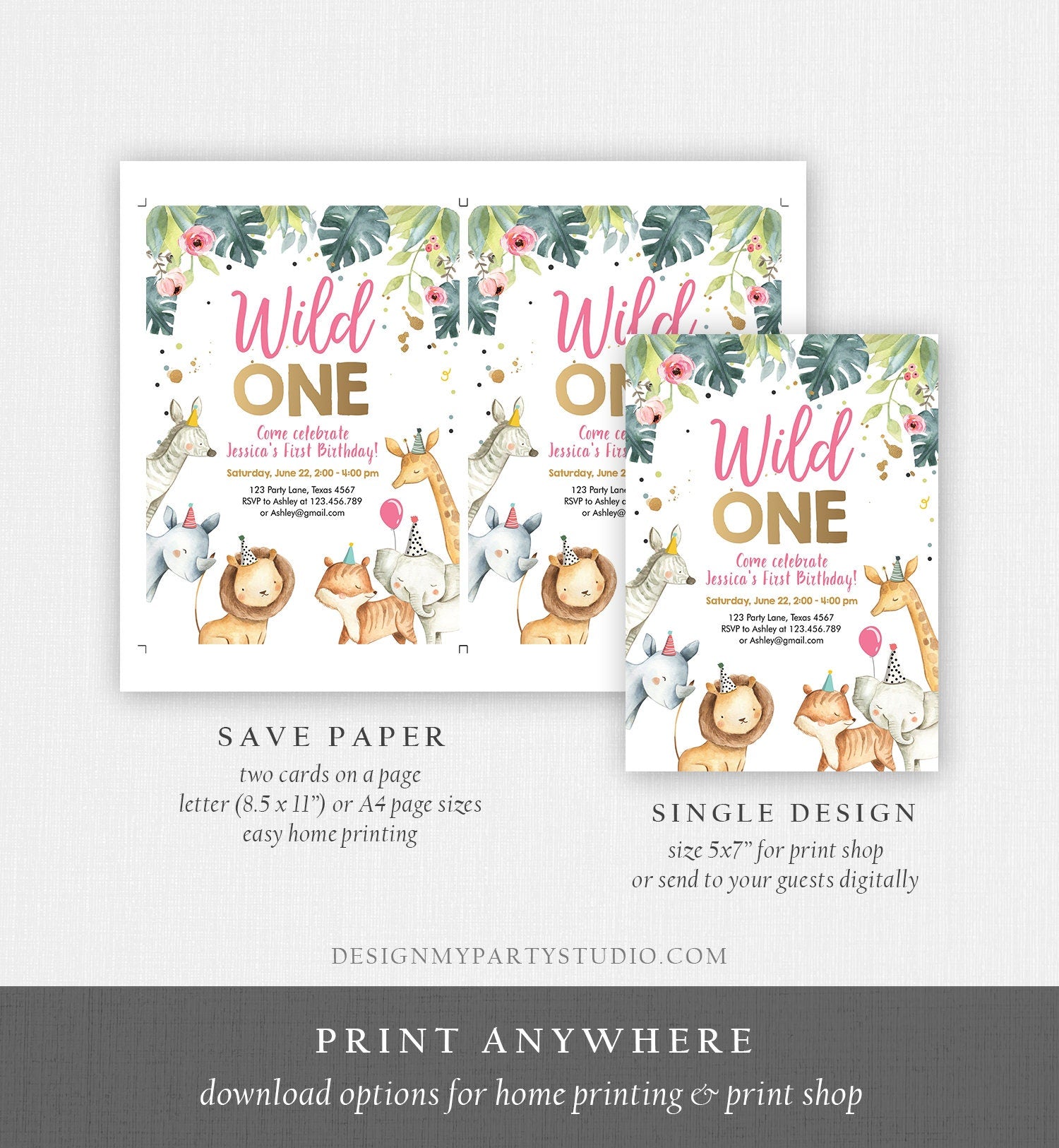 Editable Wild One Birthday Invitation Girl Safari Animals Invite Pink and Gold Party Animals Digital Download Evite Template Printable 0163