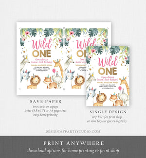 Editable Wild One Birthday Invitation Girl Safari Animals Invite Pink and Gold Party Animals Download Printable Template Corjl Digital 0163