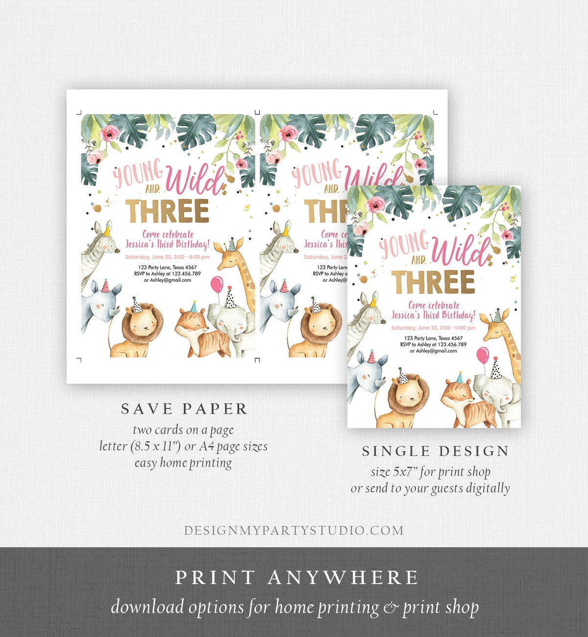 Editable Young Wild and Three Invitation Girl Pink Safari Animals Party Animals Zoo Digital Download Evite Template Printable 0163