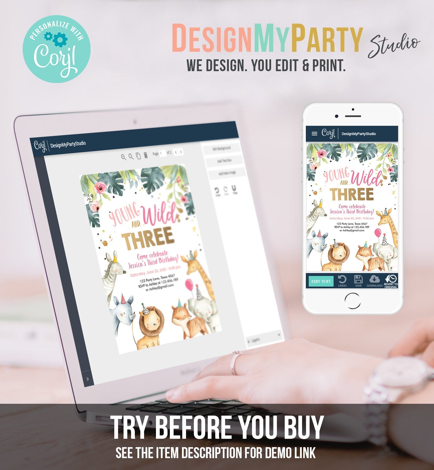 Editable Young Wild and Three Invitation Girl Pink Safari Animals Party Animals Zoo Digital Download Evite Template Printable 0163