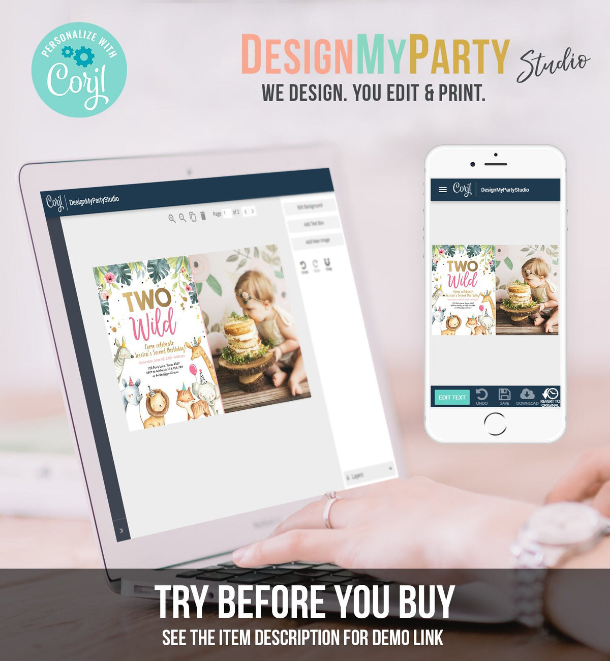 Editable Birthday Invitation Girl Two Wild Safari Animals Party Pink Gold Watercolor Zoo Digital Download Evite Template Printable 0163