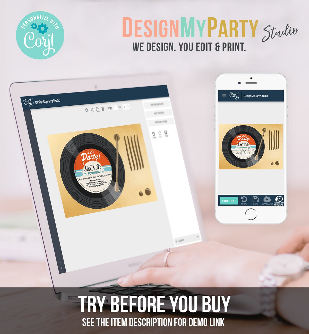 Editable Adult Birthday Invitation Vintage Vinyl Record Invite Oldies Retro Music Surprise Birthday Download Corjl Template Printable 0294