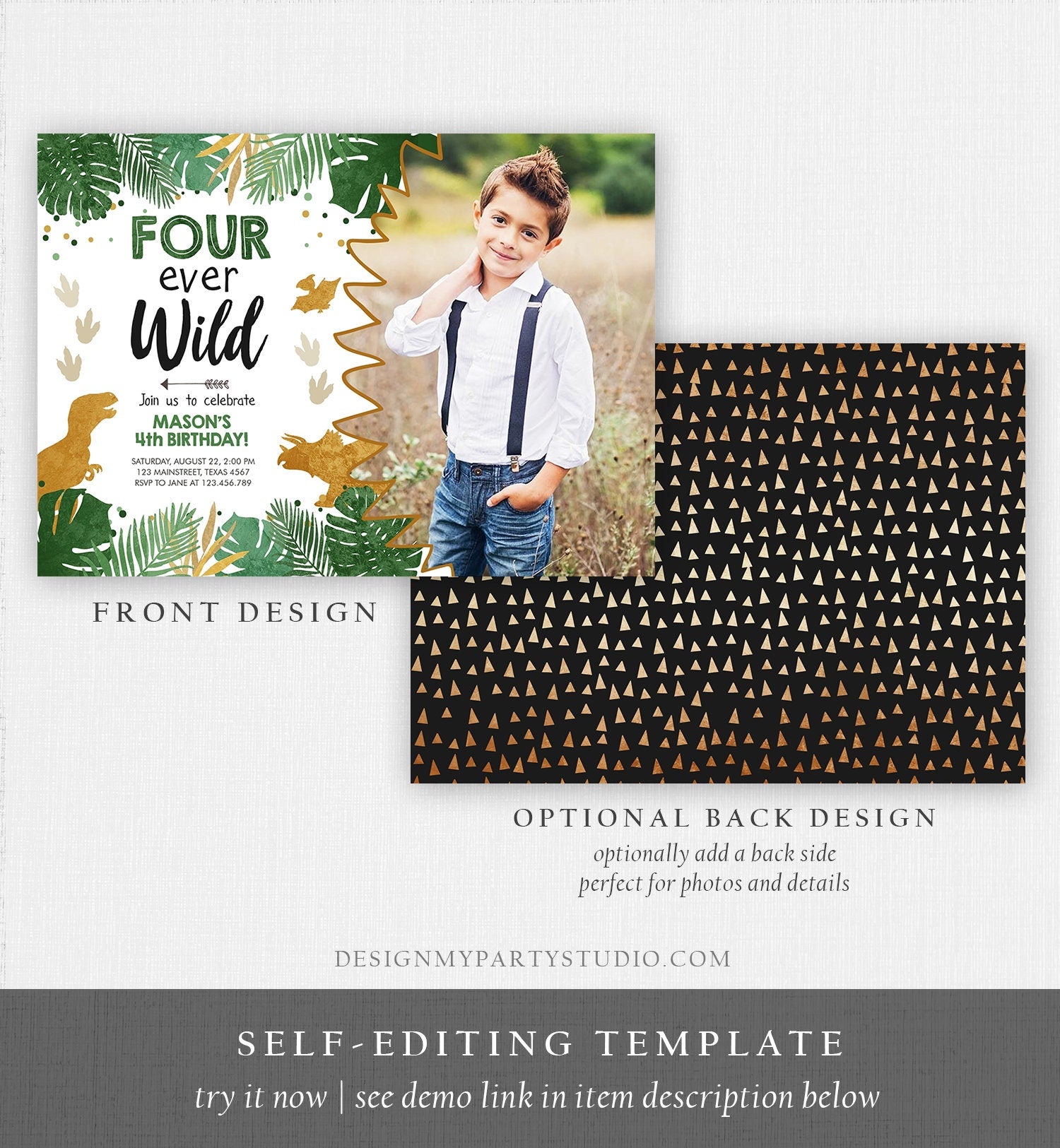 Editable Four Ever Wild Birthday Invitation Dinosaur Dino Party Boy 4th Fourth Birthday Green Gold Fourever Digital Template Printable 0146