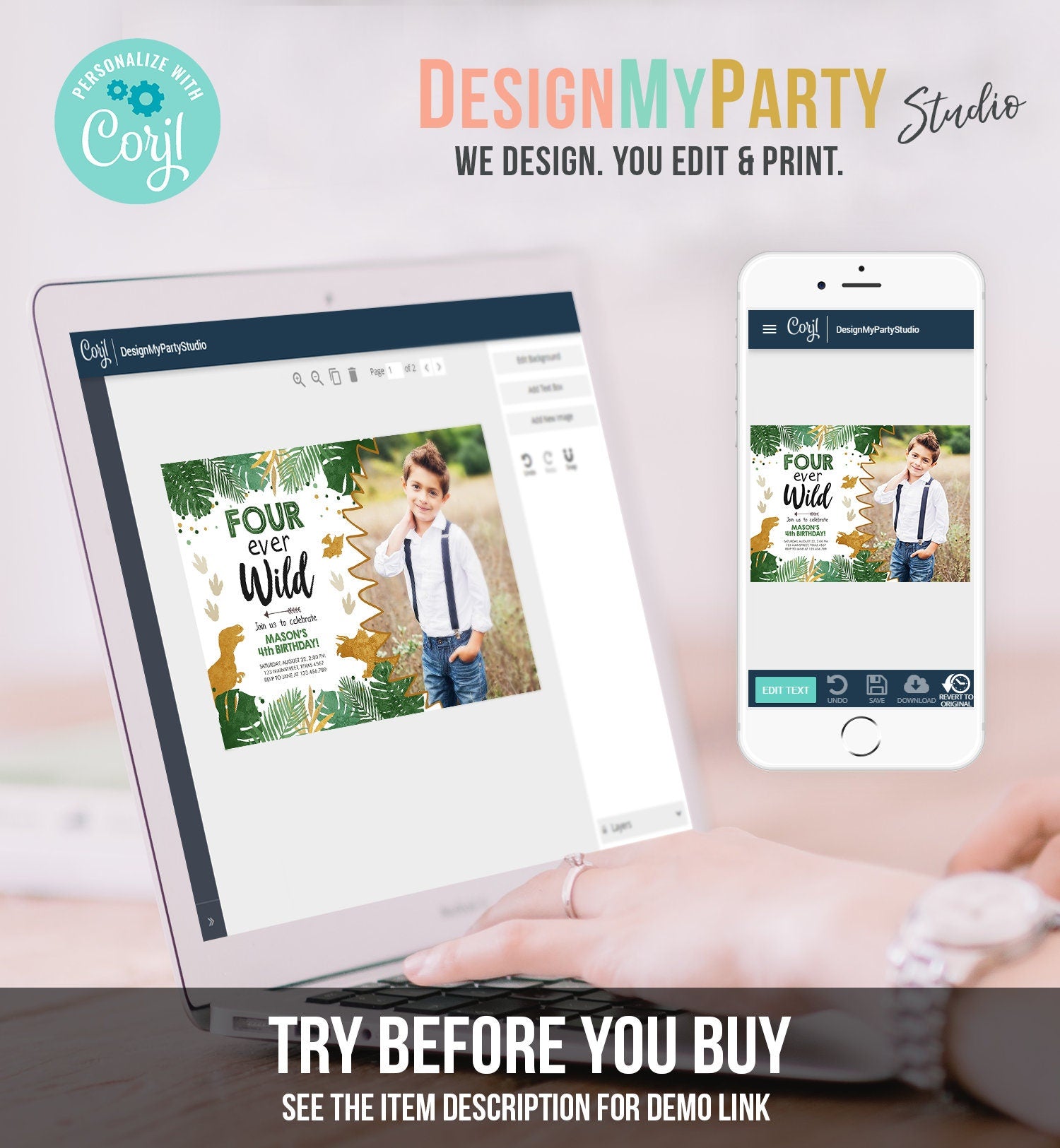 Editable Four Ever Wild Birthday Invitation Dinosaur Dino Party Boy 4th Fourth Birthday Green Gold Fourever Digital Template Printable 0146