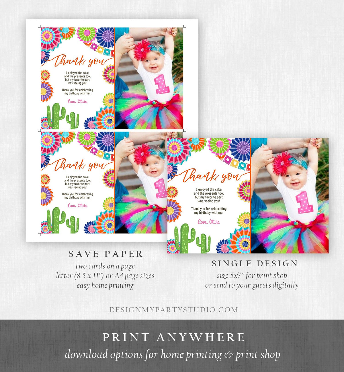 Editable Fiesta Birthday Thank You Card Insert Let&#39;s Fiesta Mexican Cactus Thank You Note Download Digital Corjl Template Printable 0236