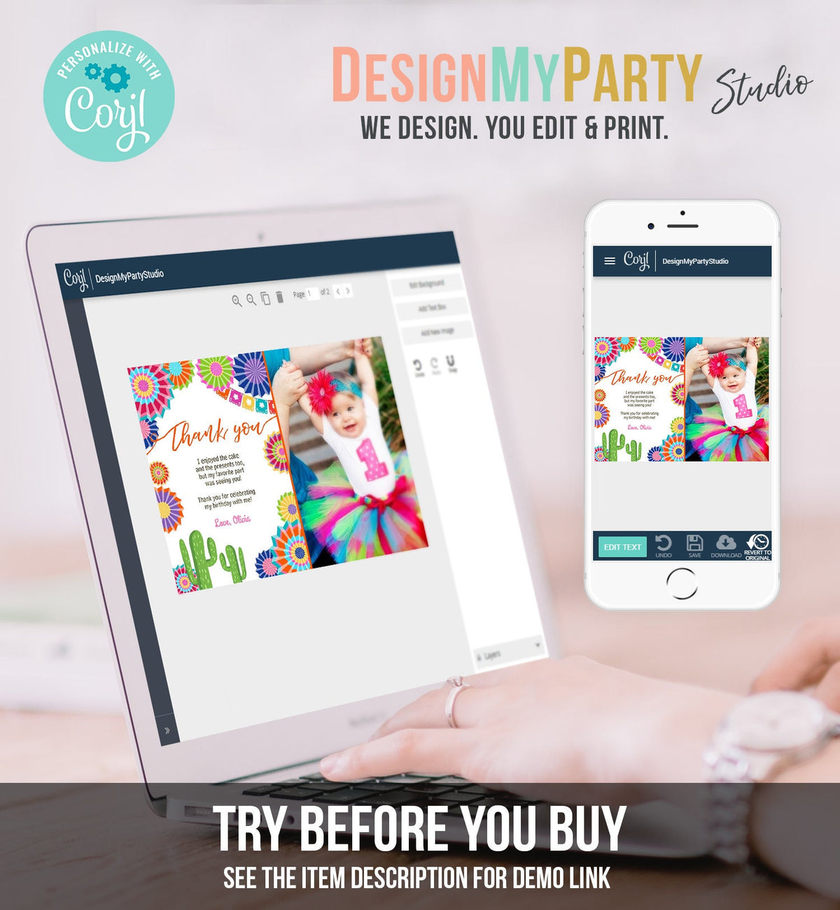 Editable Fiesta Birthday Thank You Card Insert Let&#39;s Fiesta Mexican Cactus Thank You Note Download Digital Corjl Template Printable 0236