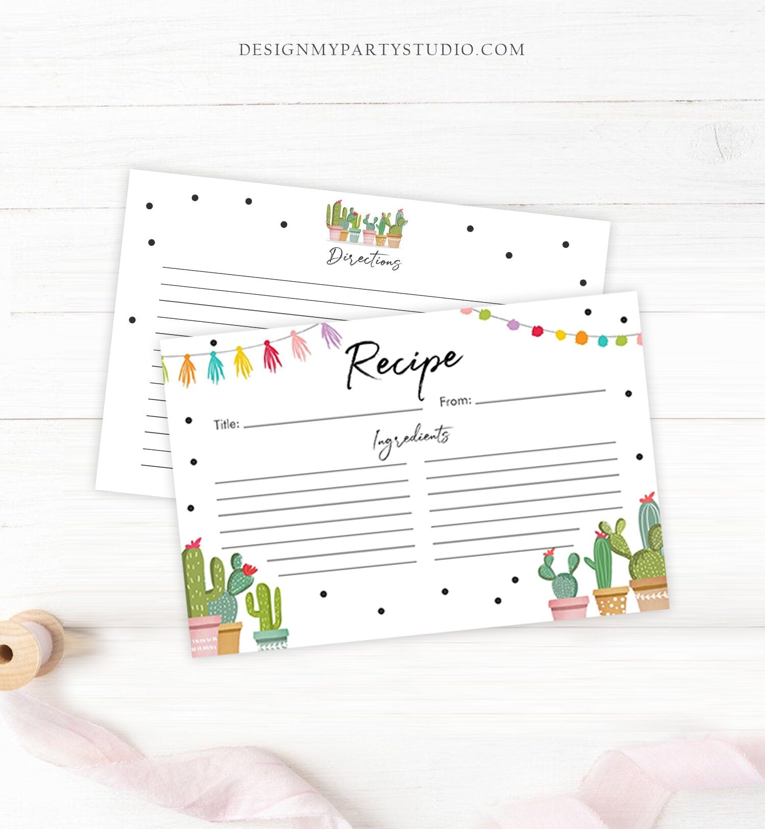 Editable Fiesta Cactus Recipe Cards Fiesta Bridal Shower Baby Succulent Mexican Double Sided 4x6 5x7 Download Corjl Template Printable 0254
