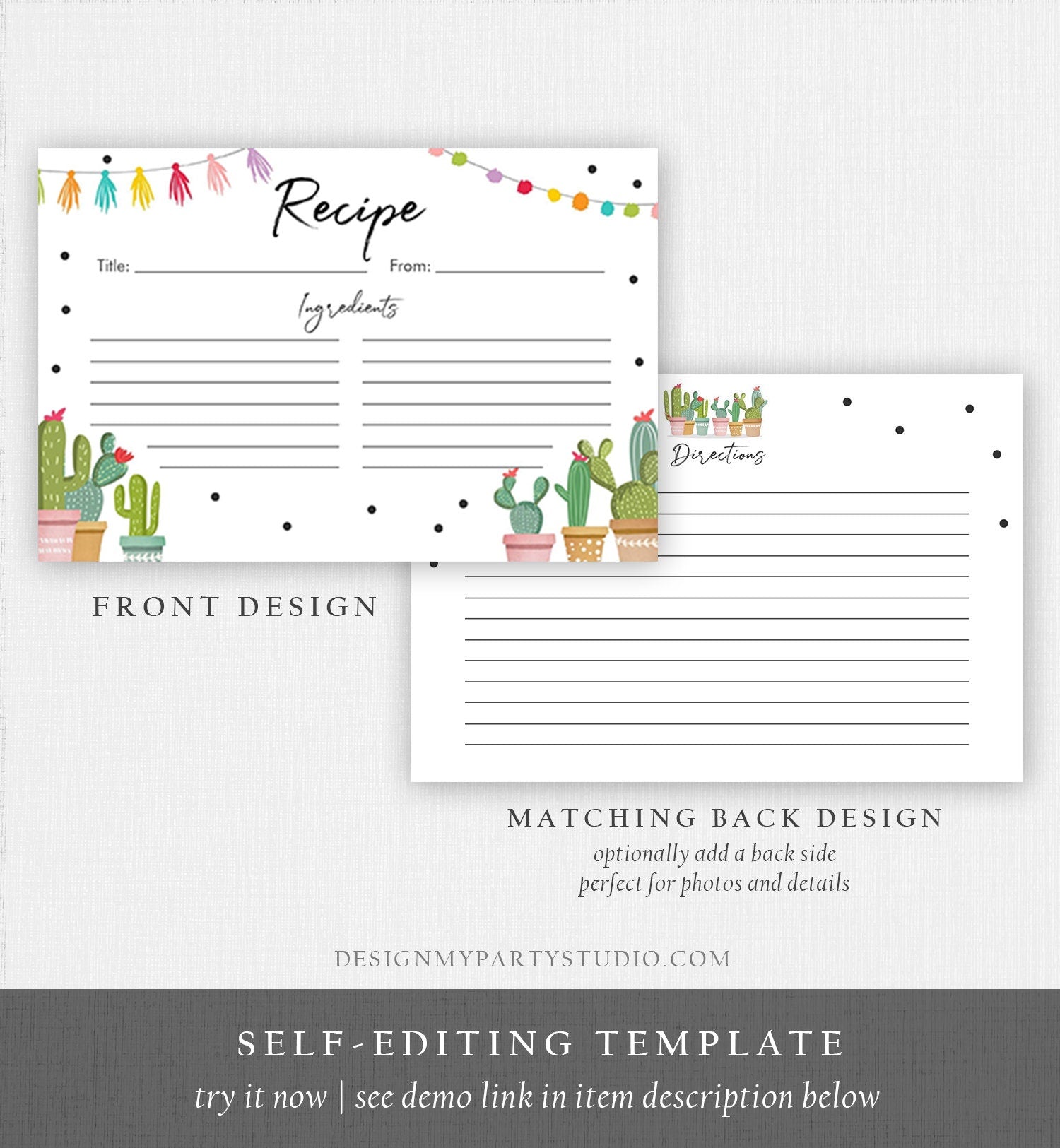 Editable Fiesta Cactus Recipe Card Fiesta Bridal Shower Baby Succulent Mexican Cooking Kitchen Digital Download Template Printable 0254