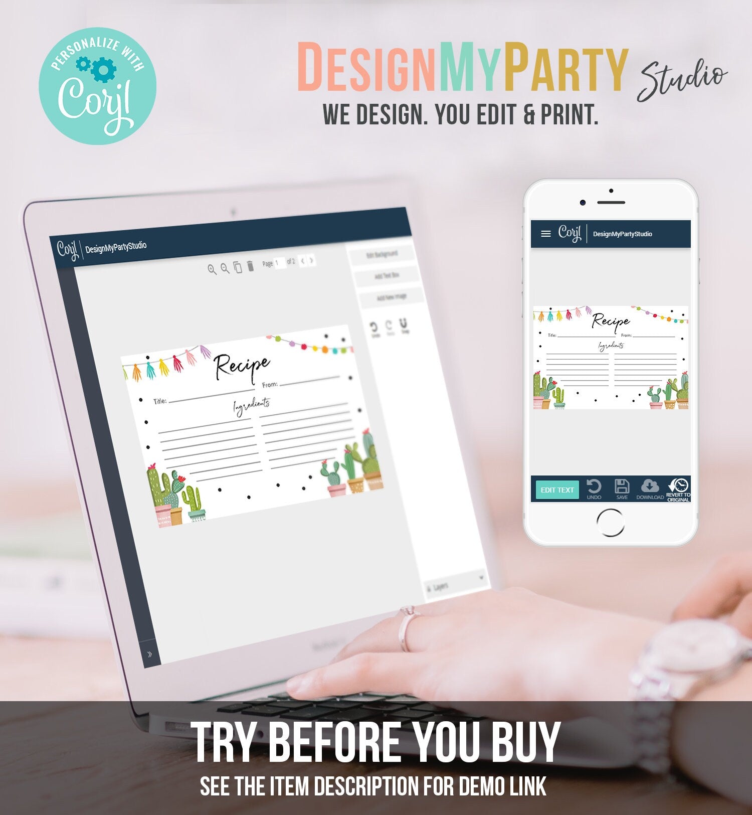 Editable Fiesta Cactus Recipe Card Fiesta Bridal Shower Baby Succulent Mexican Cooking Kitchen Digital Download Template Printable 0254