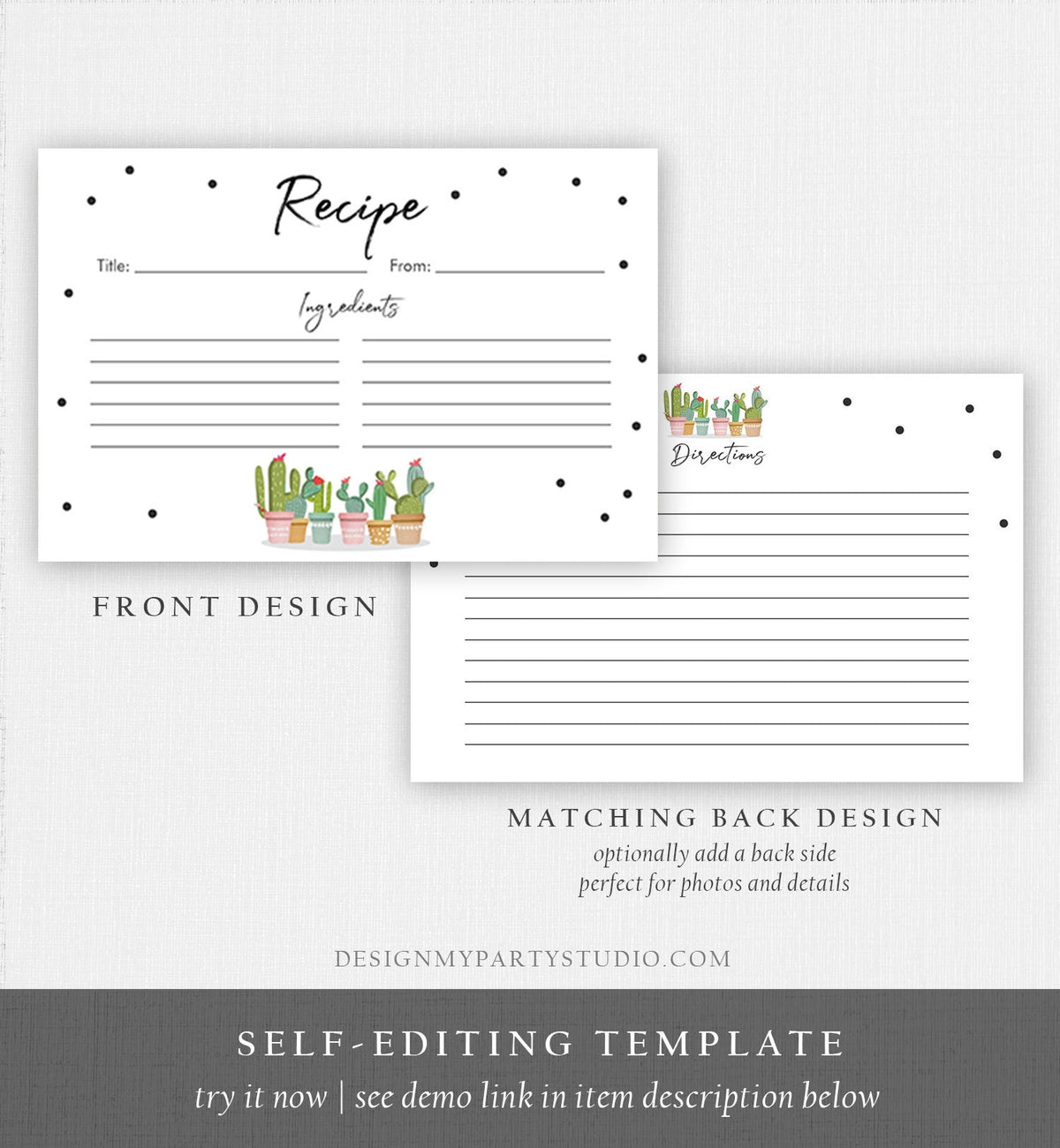 Editable Fiesta Cactus Recipe Cards Fiesta Bridal Shower Baby Succulent Mexican Double Sided 4x6 Digital Download Template Printable 0254