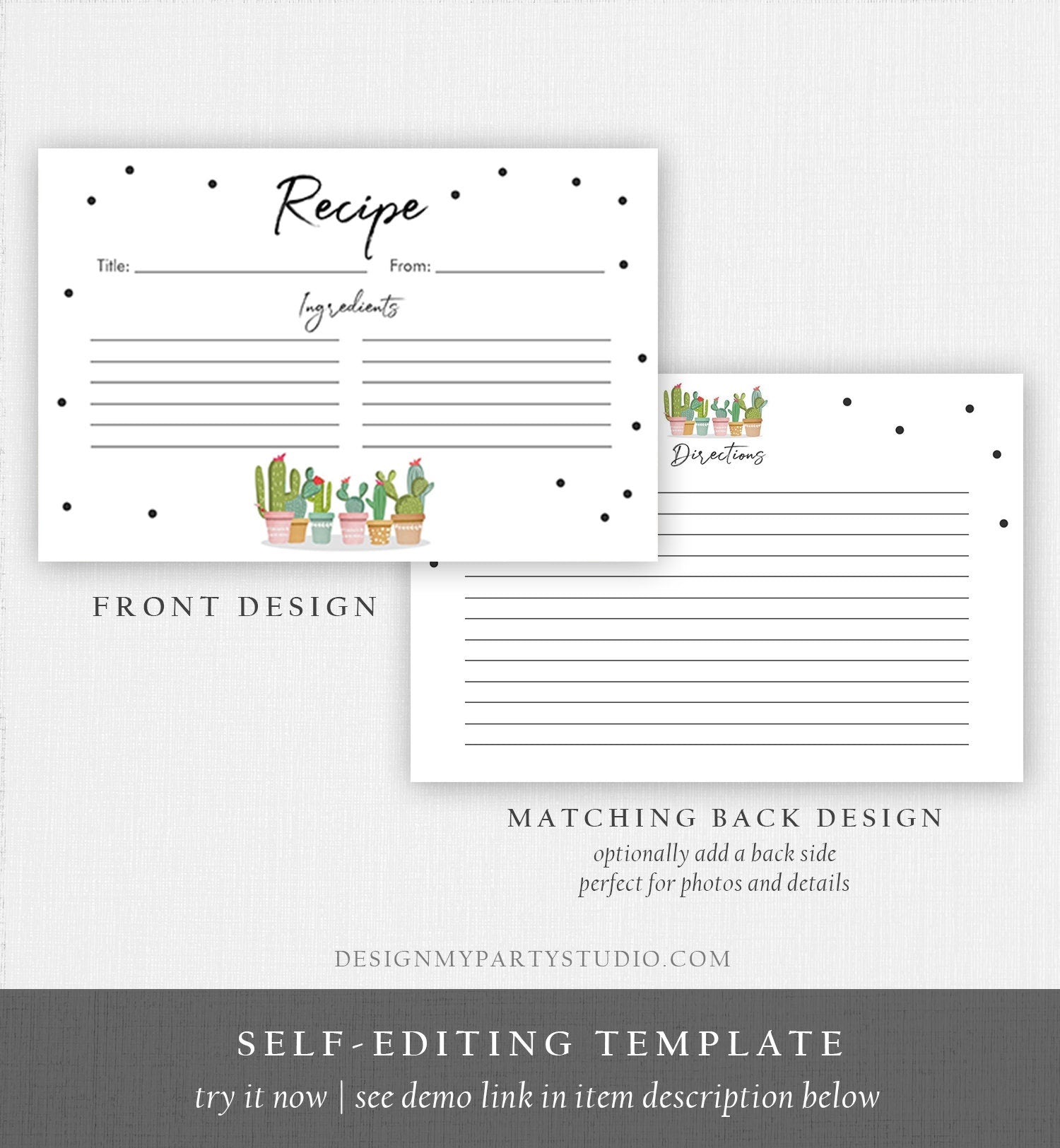 Editable Fiesta Cactus Recipe Cards Fiesta Bridal Shower Baby Succulent Mexican Double Sided 4x6 Digital Download Template Printable 0254