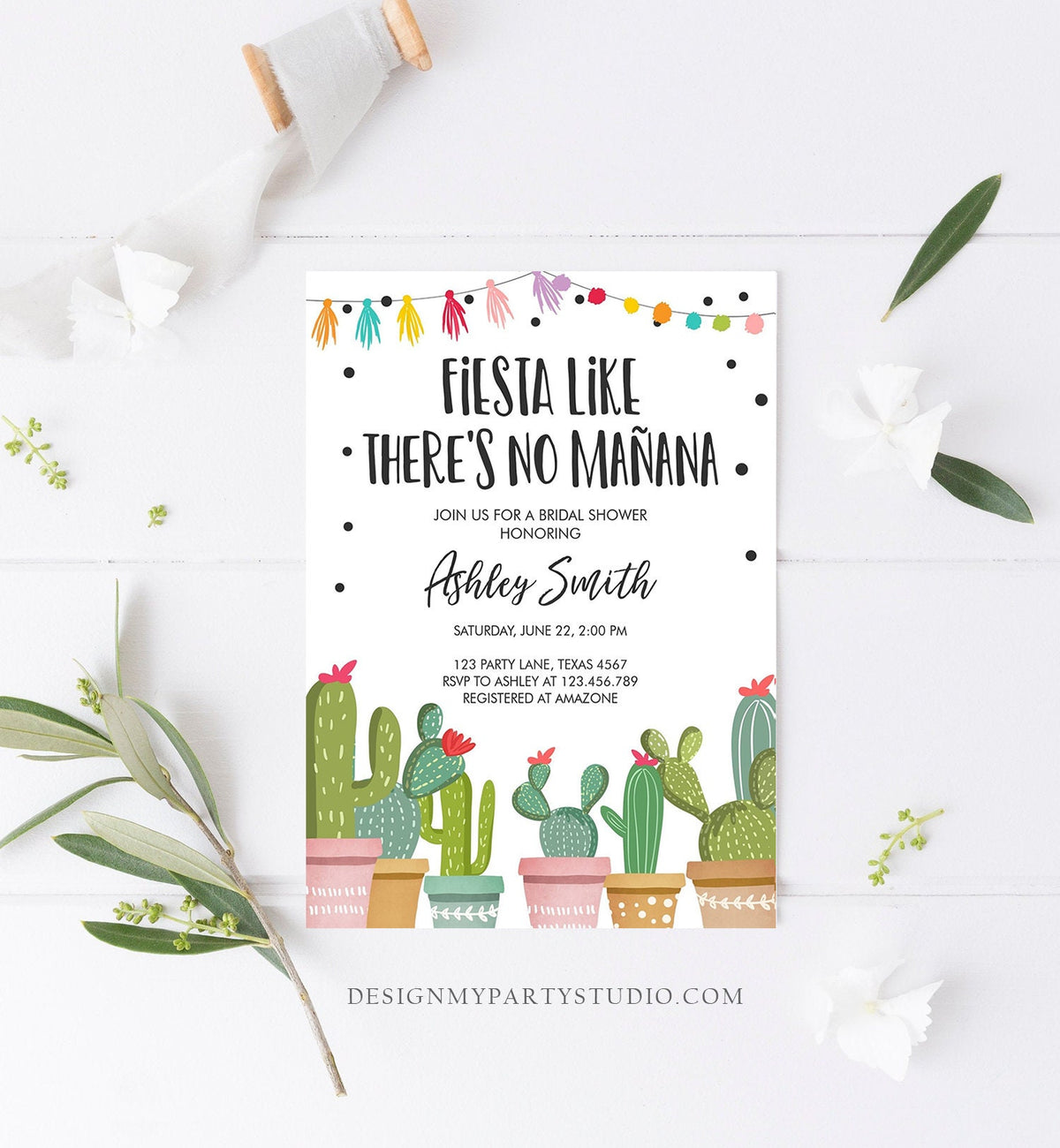 Editable Fiesta Like There&#39;s No Manana Bridal Shower Invitation Mexican Cactus Succulent Digital Download Corjl Template Printable 0254
