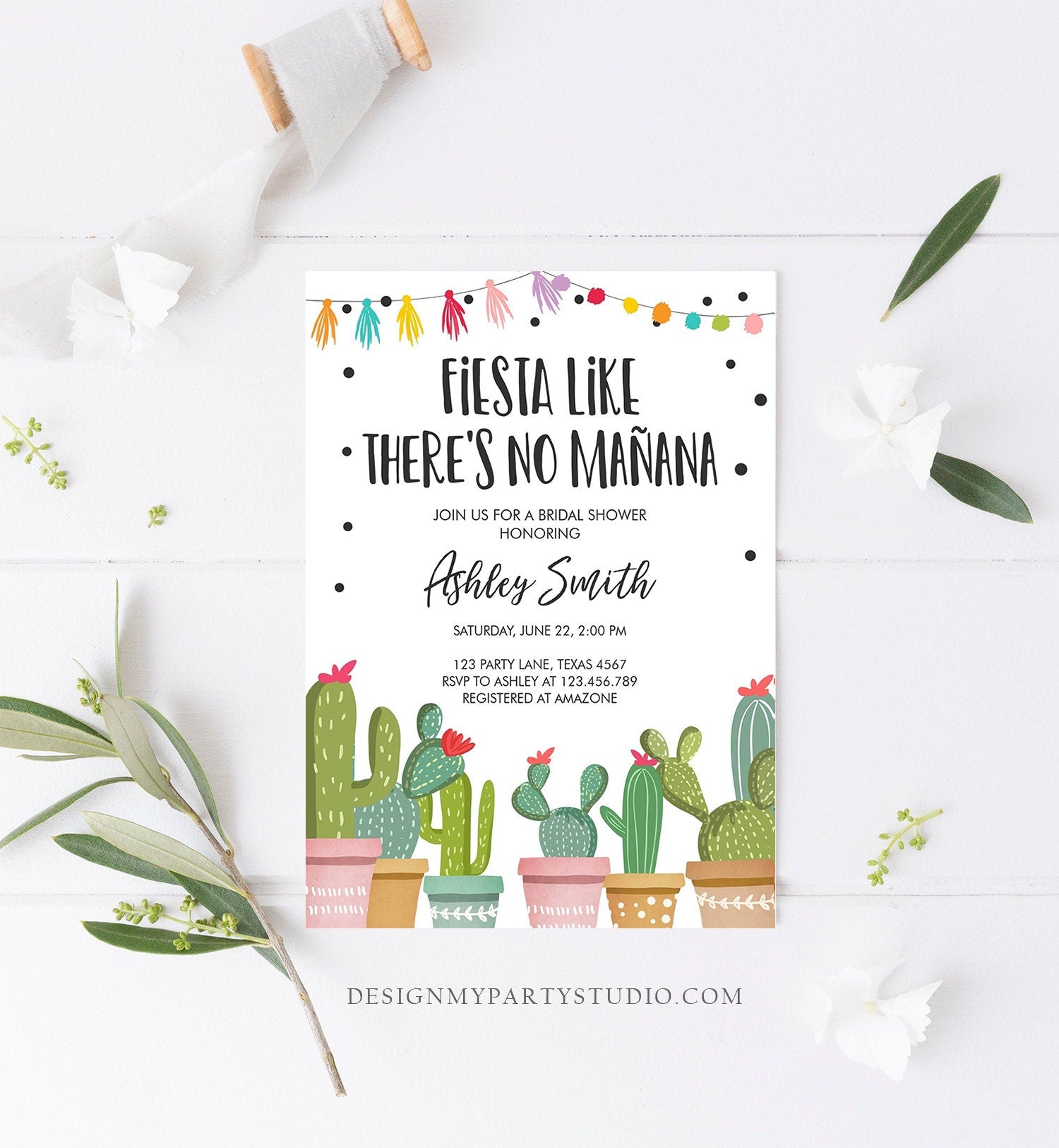 Editable Fiesta Like There's No Manana Bridal Shower Invitation Mexican Cactus Succulent Digital Download Corjl Template Printable 0254