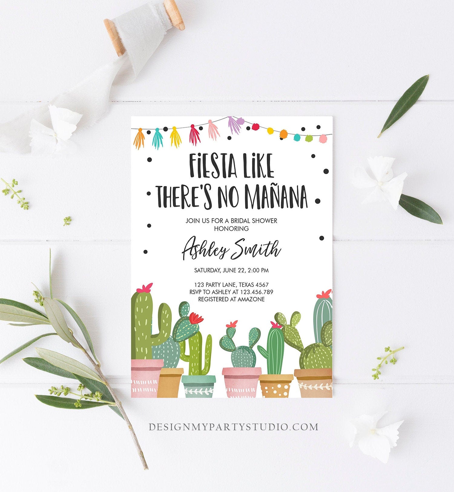 Editable Fiesta Like There's No Manana Bridal Shower Invitation Mexican Cactus Succulent Digital Download Corjl Template Printable 0254
