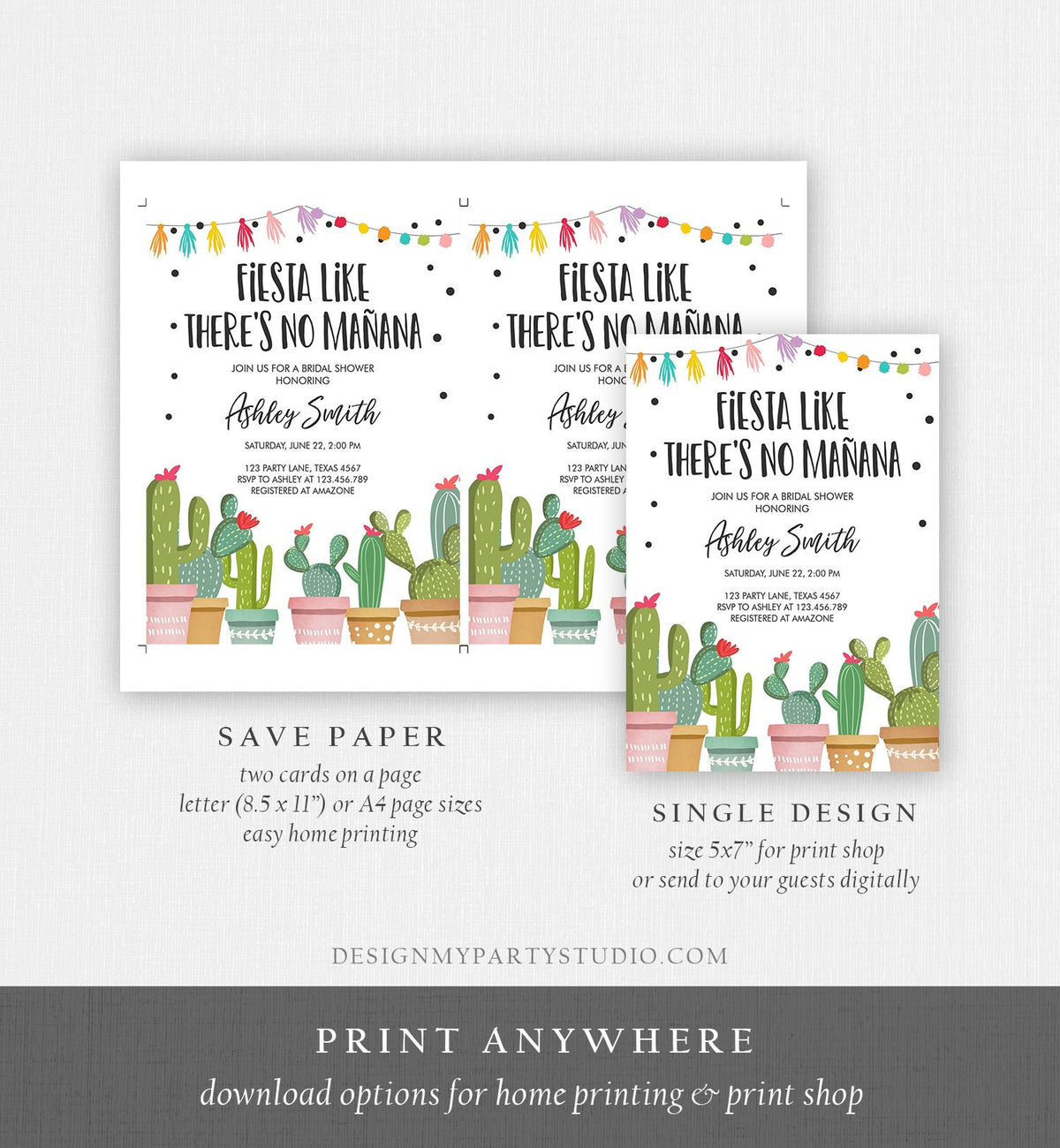 Editable Fiesta Like There&#39;s No Manana Bridal Shower Invitation Mexican Cactus Succulent Digital Download Corjl Template Printable 0254