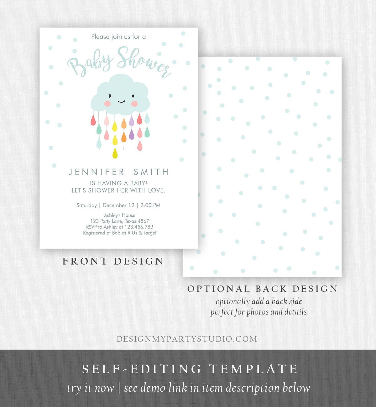 Editable Cloud Baby Shower Invitation Raindrop Shower with Love Rain drops Neutral Instant Download Printable Template Corjl Digital 0036