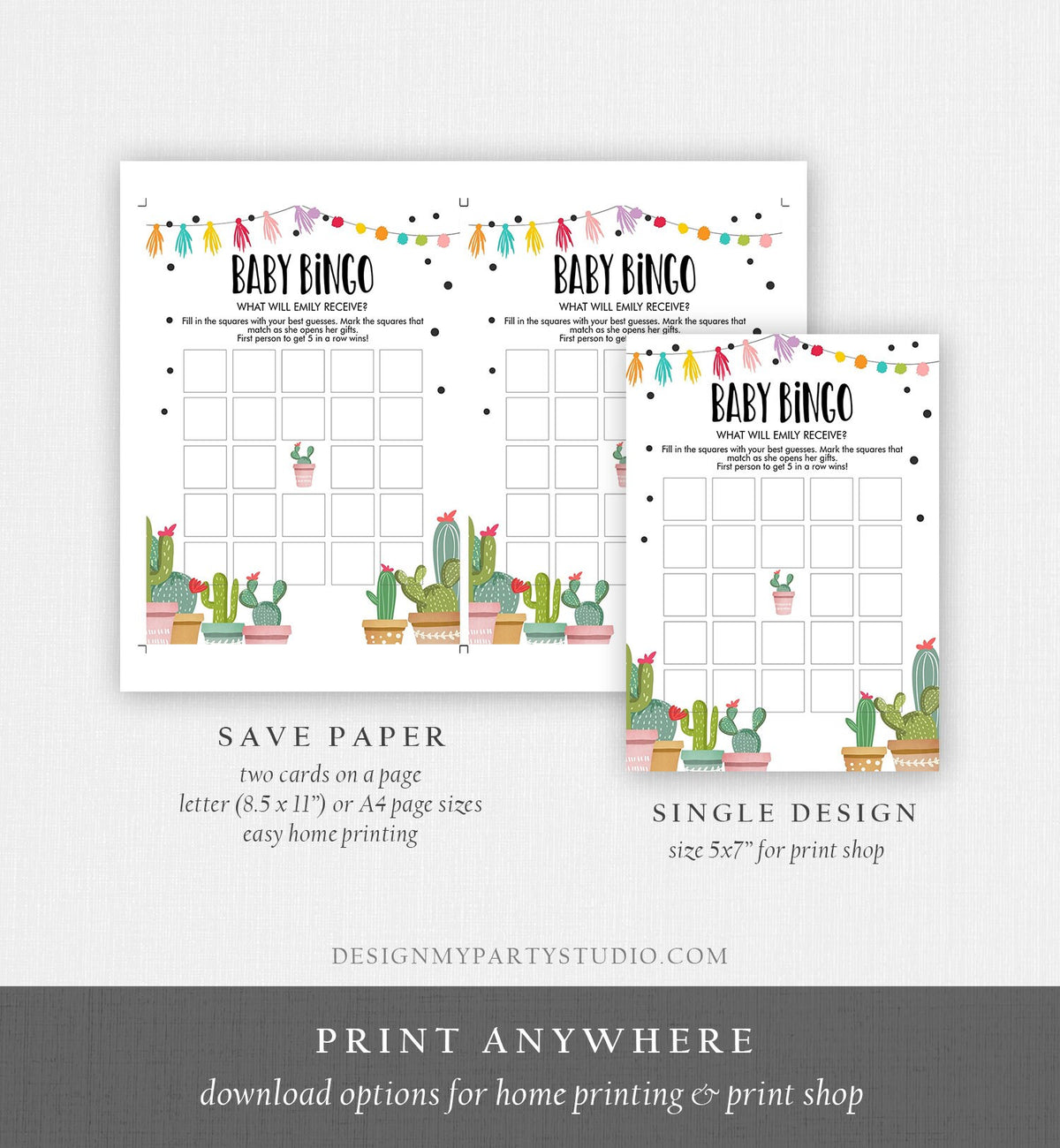Editable Baby Bingo Game Cactus Baby Fiesta Mexican Shower Game Baby Coed Sprinkle Games Digital Download Template Printable 0254