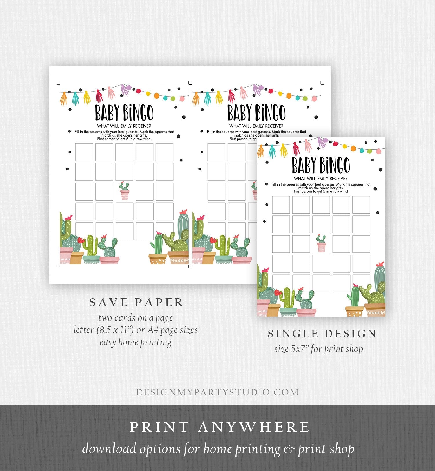 Editable Baby Bingo Game Cactus Baby Fiesta Mexican Shower Game Baby Coed Sprinkle Games Digital Download Template Printable 0254