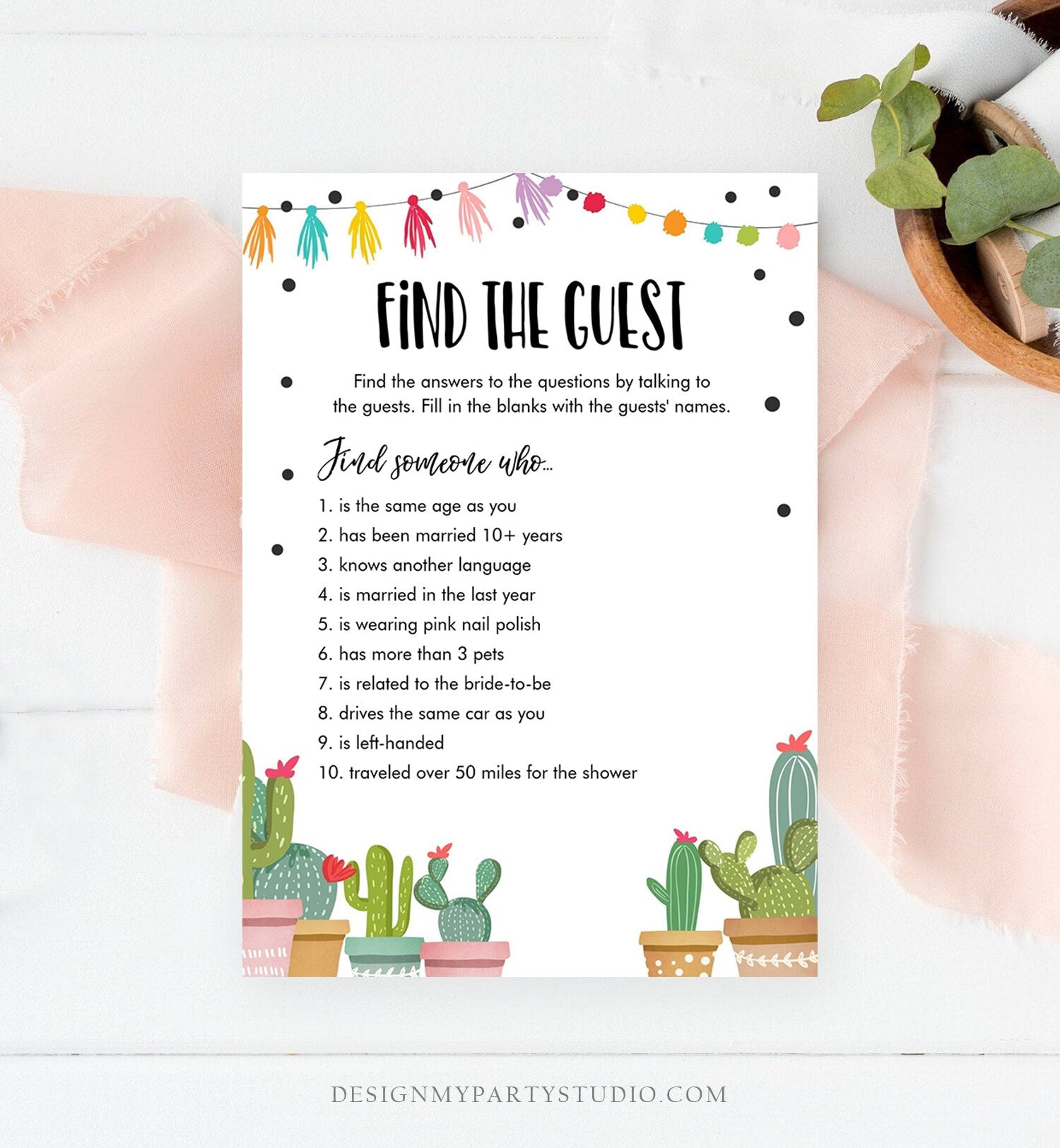 Editable Find the Guest Bridal Shower Game Cactus Fiesta Mexican Coed Shower Games Succulent Wedding Activity Corjl Template Printable 0254