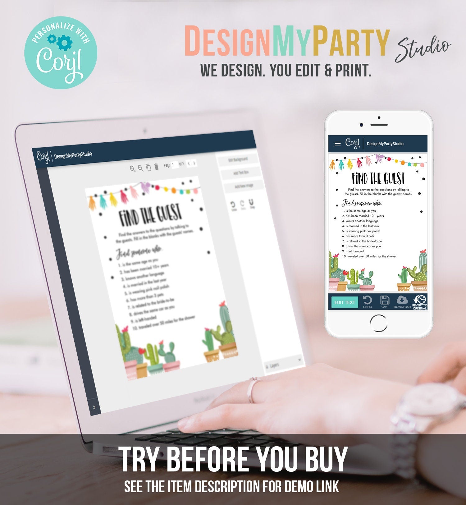 Editable Find the Guest Bridal Shower Game Cactus Fiesta Mexican Couples Games Succulent Wedding Activity Digital Template Printable 0254