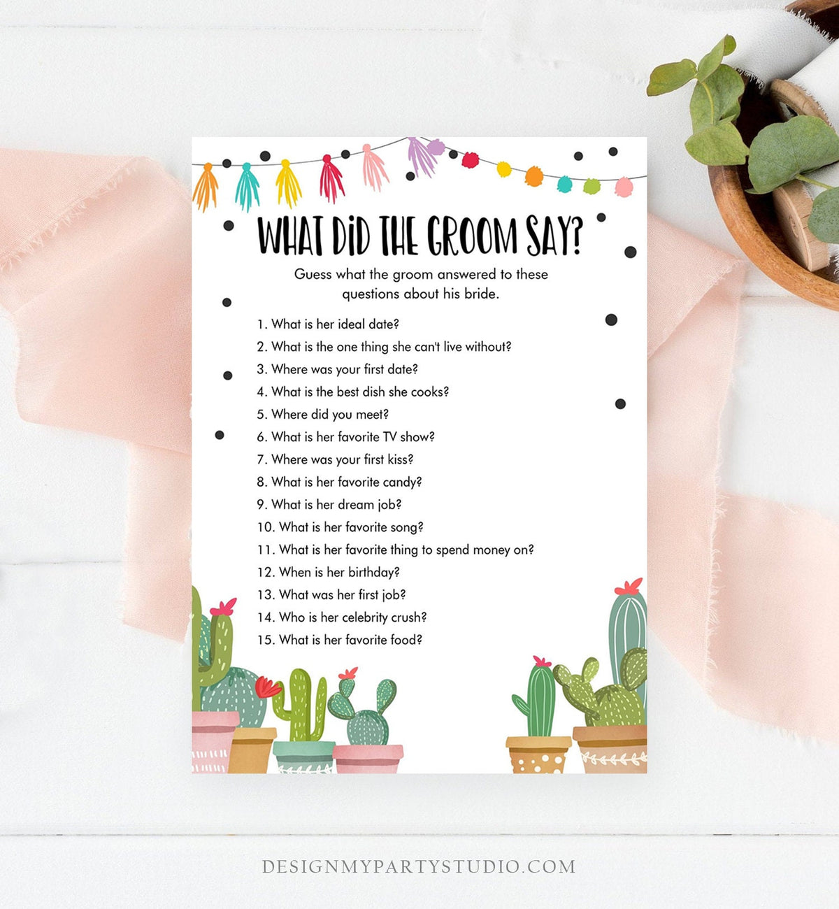 Editable What Did The Groom Say About His Bride Bridal Shower Game Cactus Fiesta Mexican Coed Activity Digital Template Printable 0254