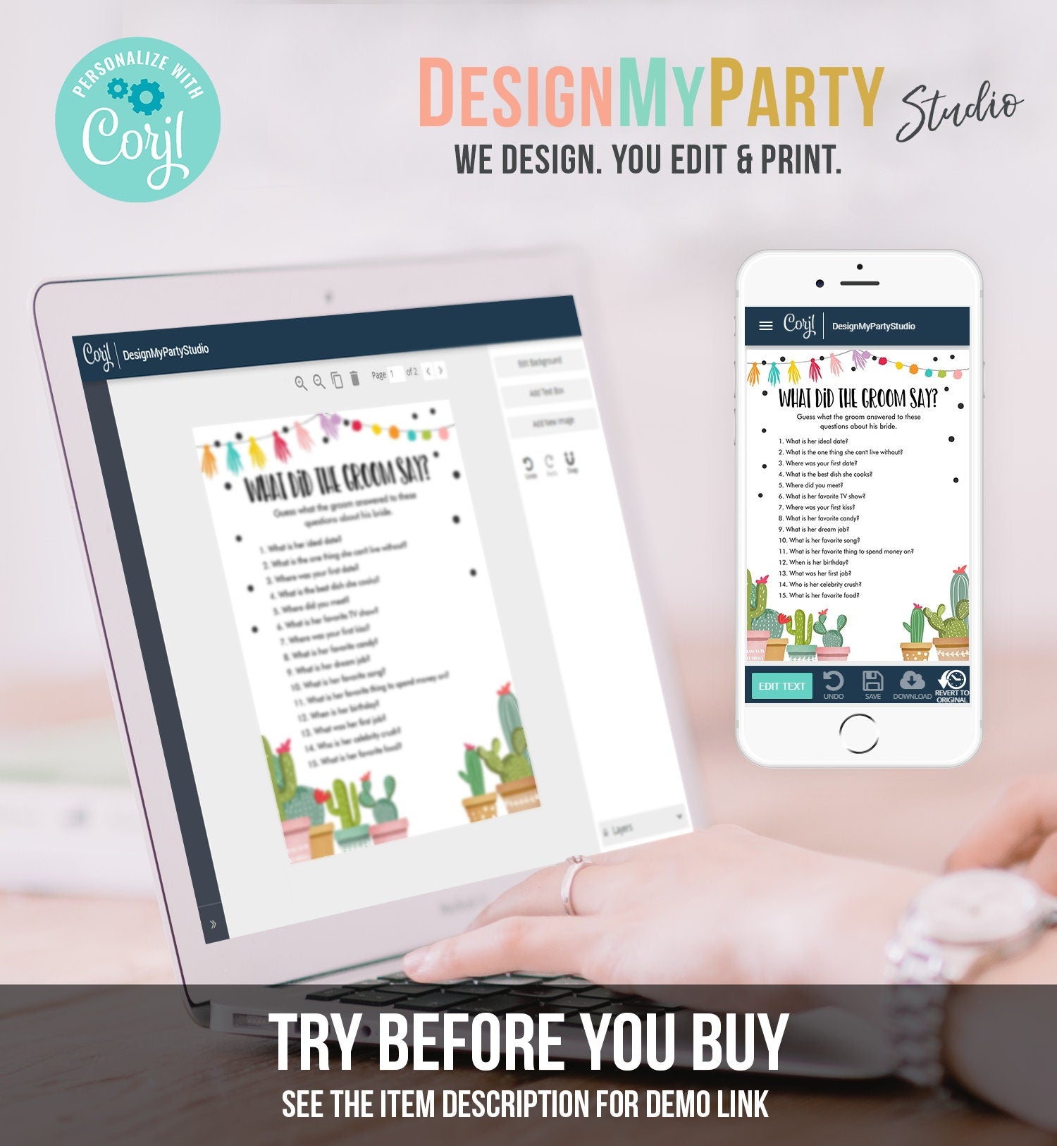 Editable What Did The Groom Say About His Bride Bridal Shower Game Cactus Fiesta Mexican Coed Activity Digital Template Printable 0254