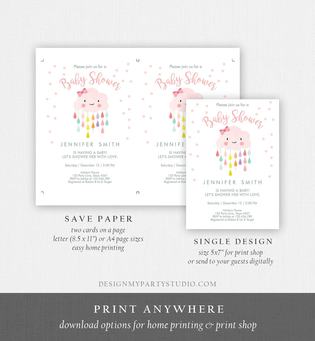 Editable Cloud Baby Shower Invitation Raindrop Baby Sprinkle Shower With Love Rain Drops Girl Pink Digital Download Template Printable 0036