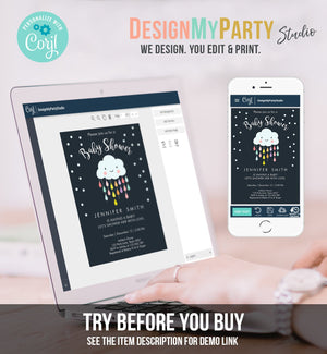 Editable Cloud Baby Shower Invitation Raindrop Shower with Love Rain drops Navy Blue Instant Download Printable Template Corjl Digital 0036