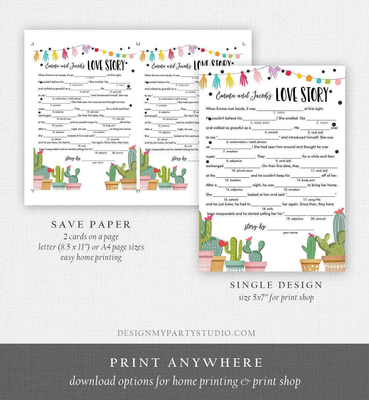 Editable Love Story Bridal Shower Game Funny Cactus Fiesta Mexican Coed Shower Succulent Wedding Activity Corjl Template Printable 0254