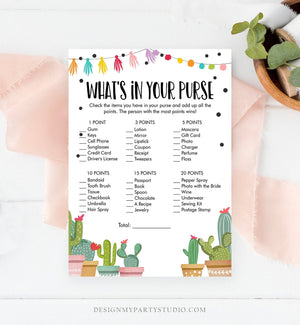 Editable Whats in Your Purse Bridal Shower Game Cactus Fiesta Mexican Coed Shower Succulent Wedding Activity Corjl Template Printable 0254