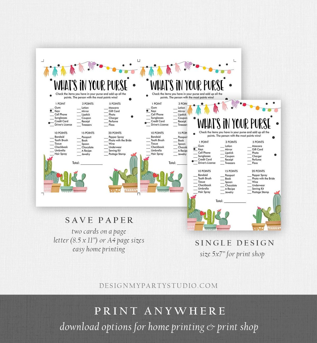 Editable What&#39;s in Your Purse Bridal Shower Game Cactus Fiesta Mexican Couples Succulent Wedding Activity Digital Template Printable 0254