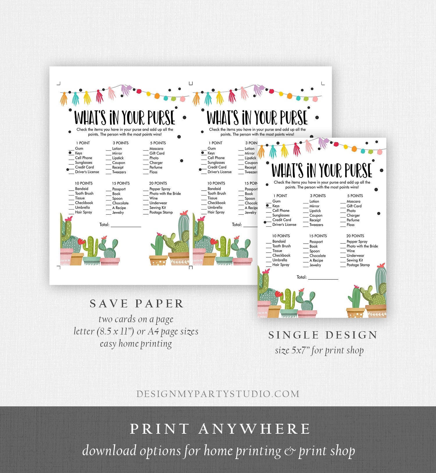 Editable What's in Your Purse Bridal Shower Game Cactus Fiesta Mexican Couples Succulent Wedding Activity Digital Template Printable 0254