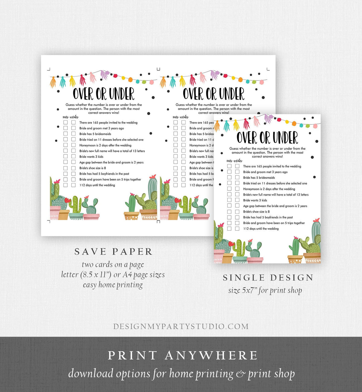 Editable Over or Under Bridal Shower Game Cactus Fiesta Mexican Coed Shower Games Succulent Wedding Activity Corjl Template Printable 0254