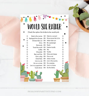 Editable Would She Rather Bridal Shower Game Cactus Fiesta Mexican Coed Shower Succulent Wedding Activity Corjl Template Printable 0254