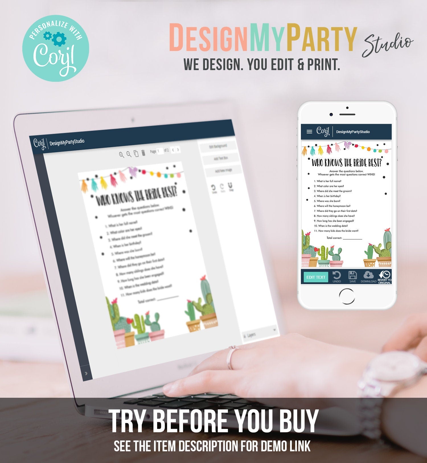 Editable Who Knows the Bride Best Bridal Shower Game Cactus Fiesta Mexican Coed Shower Game Wedding Activity Digital Template Printable 0254