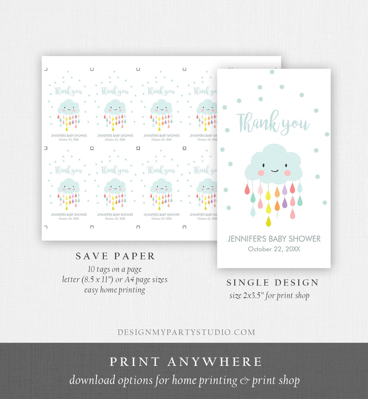Editable Cloud Baby Shower Favor Tags Cloud Labels Cloud Thank you Tags Gift Tag Raindrops Blue Boy Sprinkle Tags Template Corjl 0036