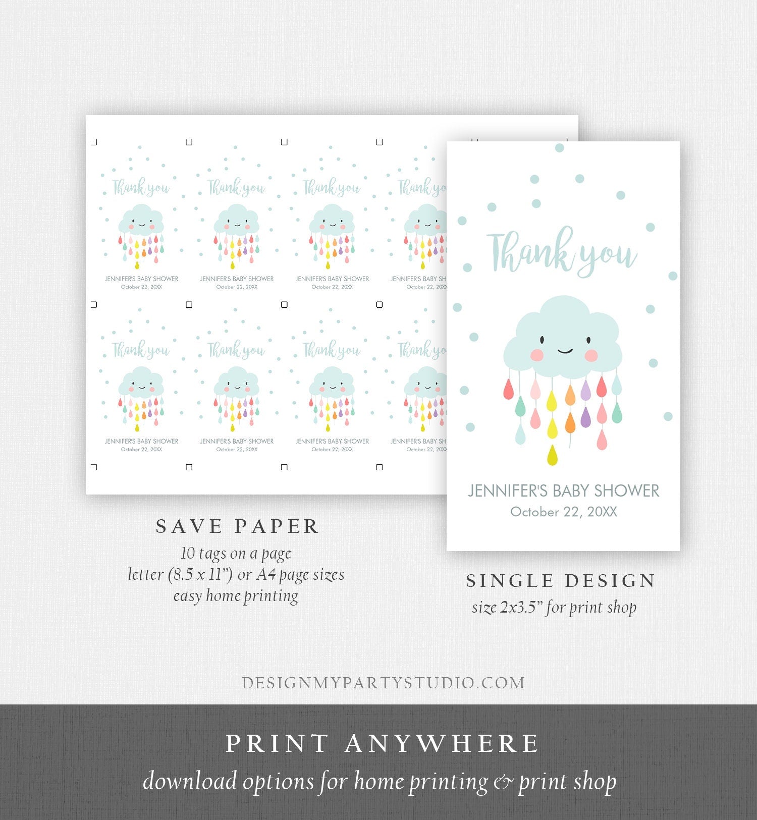 Editable Cloud Baby Shower Favor Tags Cloud Labels Cloud Thank you Tags Gift Tag Raindrops Blue Boy Sprinkle Tags Template Corjl 0036