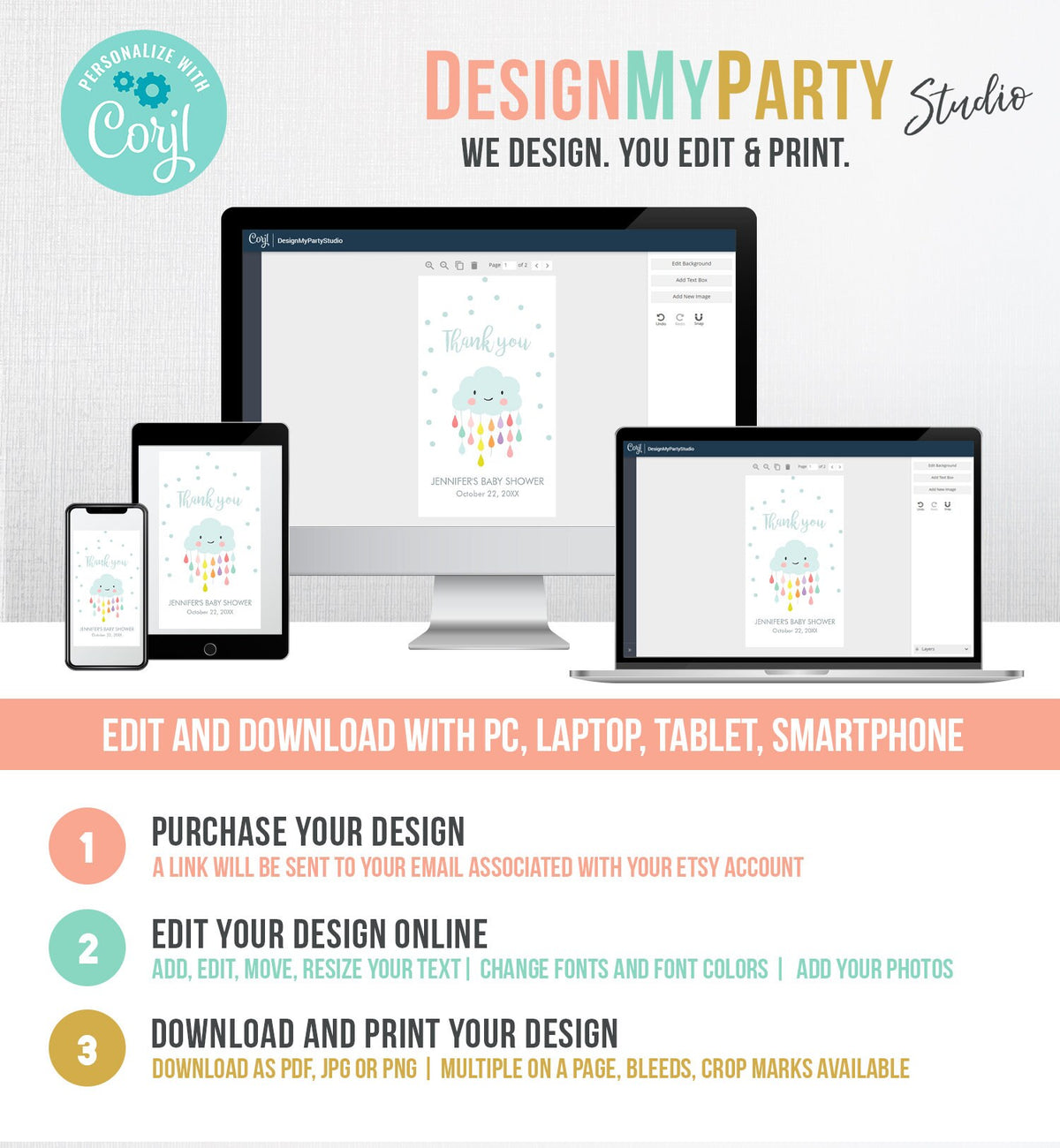 Editable Cloud Baby Shower Favor Tags Cloud Labels Cloud Thank you Tags Gift Tag Raindrops Blue Boy Sprinkle Tags Template Corjl 0036